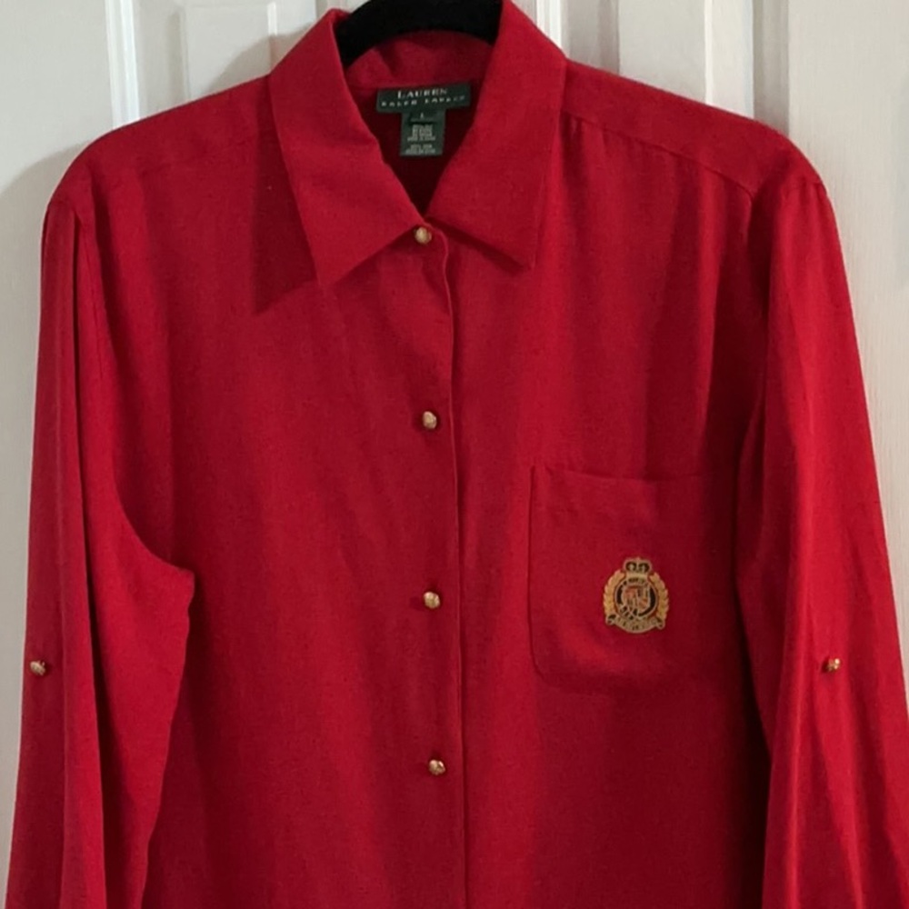 Ralph Lauren Red Silk Shirt w/ Crest & Gold Crested Buttons